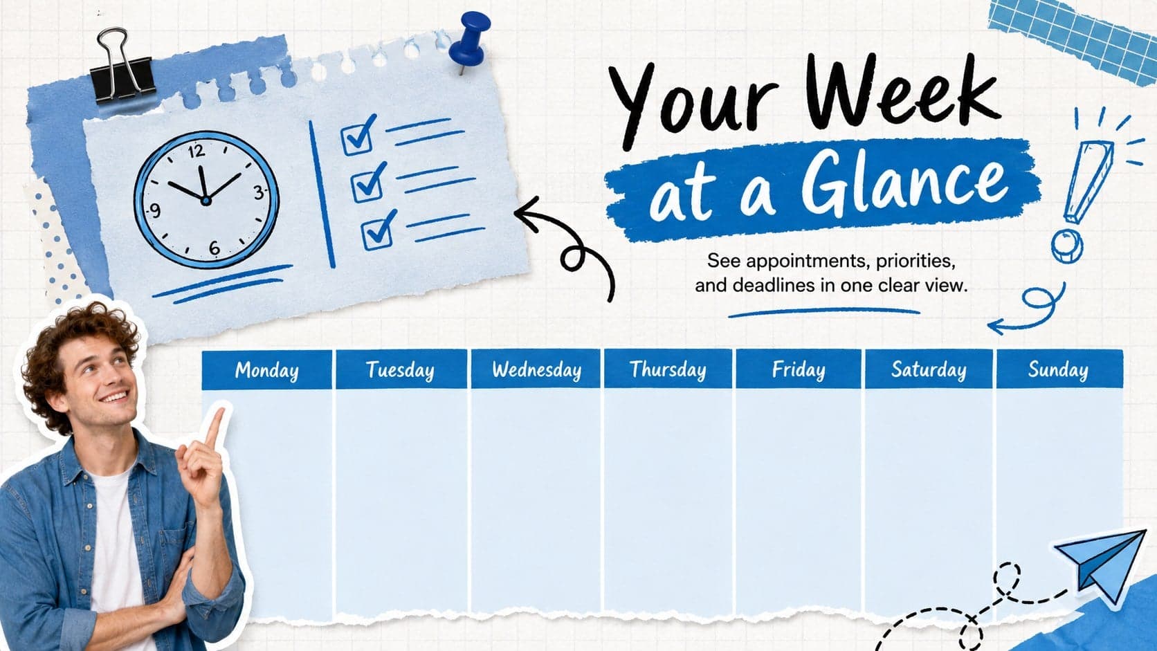 Blue collage weekly overview slide organizing appointments, priorities, and deadlines across seven days.