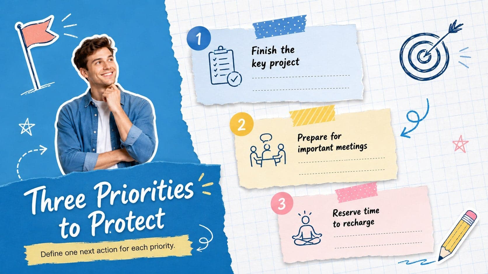 Weekly priorities planner slide with blue collage notes for three goals and their next actions.