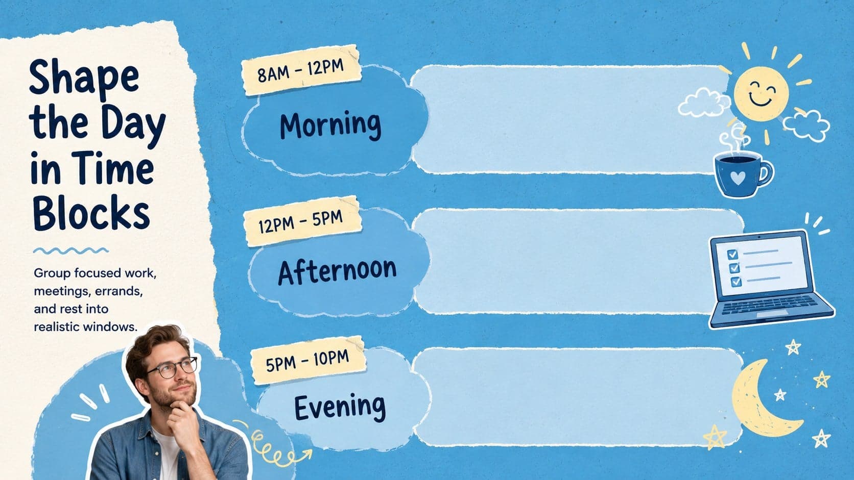 Weekly time blocking slide with blue morning, afternoon, and evening schedule bands.