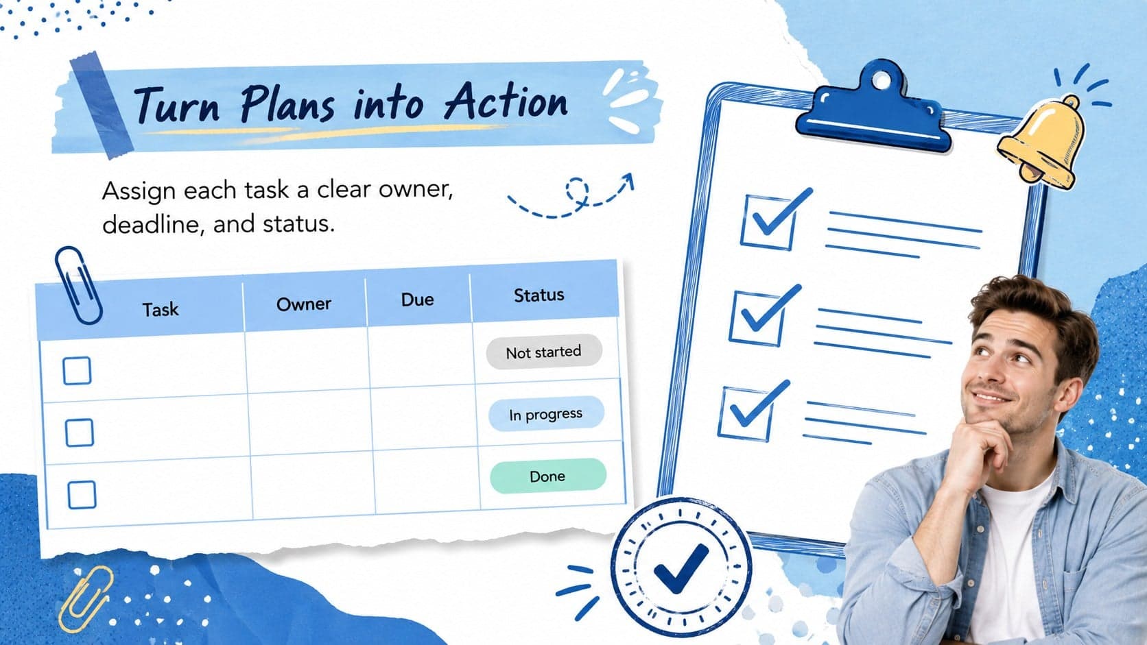 Blue weekly task organizer with editable checklist rows for action, owner, deadline, and status.