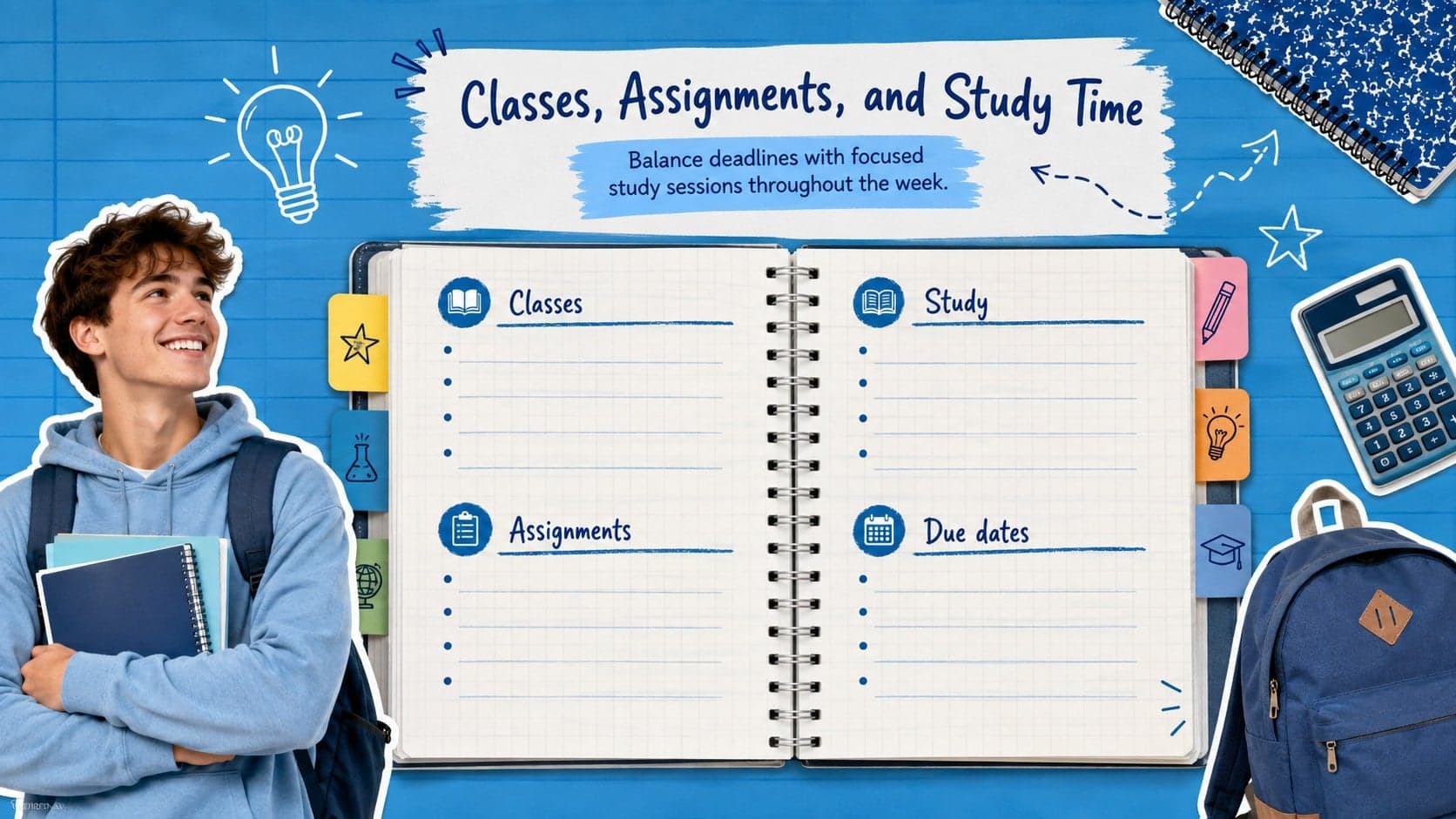 Student weekly planner slide with blue collage sections for classes, assignments, study sessions, and deadlines.