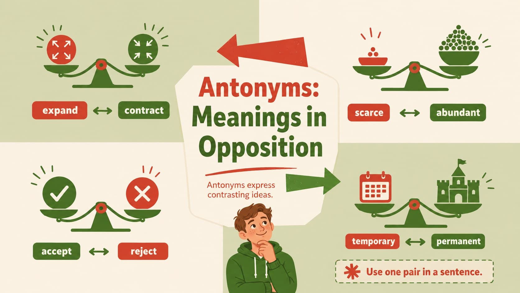 Antonym lesson slide pairing opposite vocabulary words in a bold green and red layout.