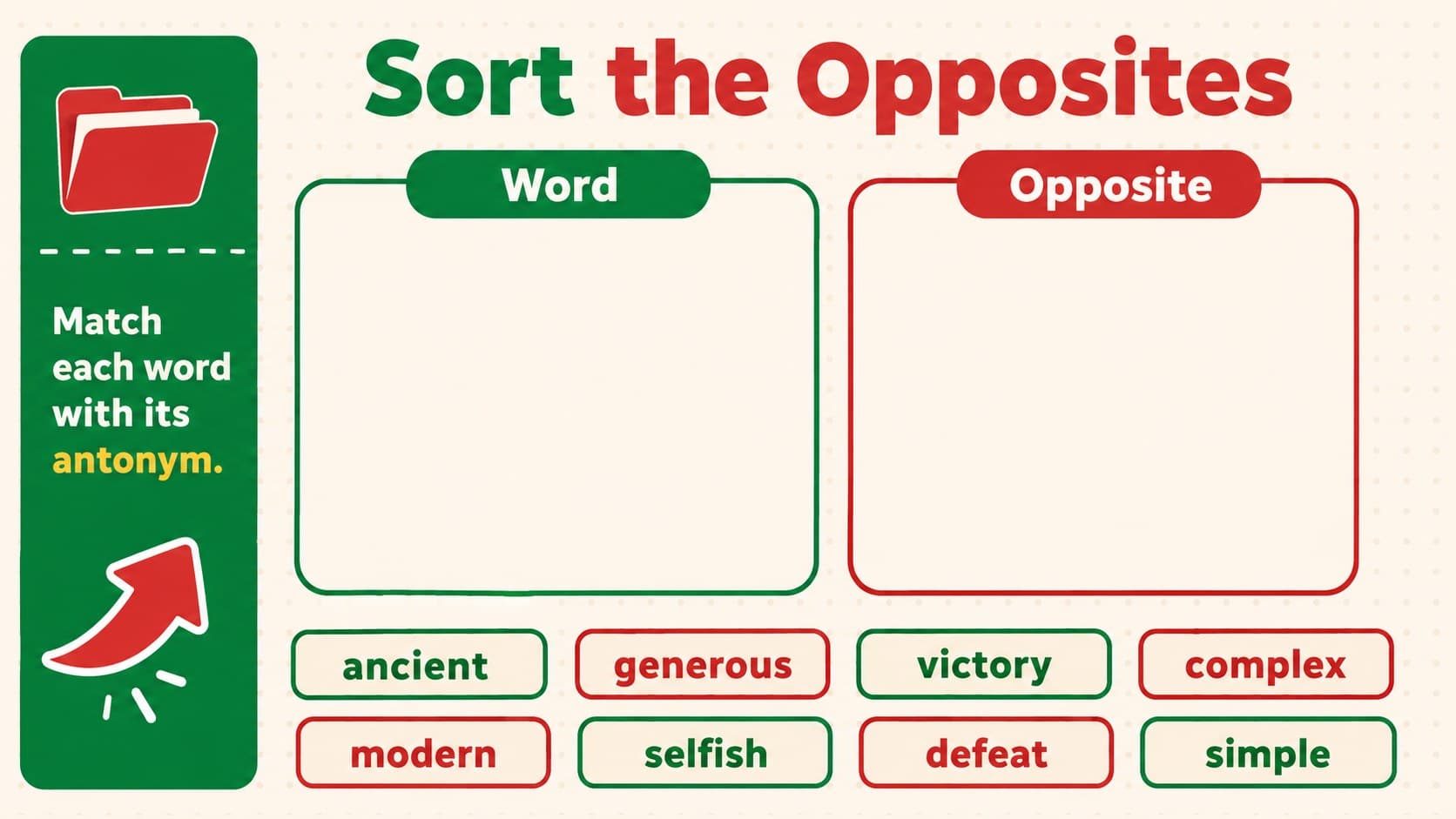 Antonym sorting activity with contrasting word cards for classroom vocabulary practice.