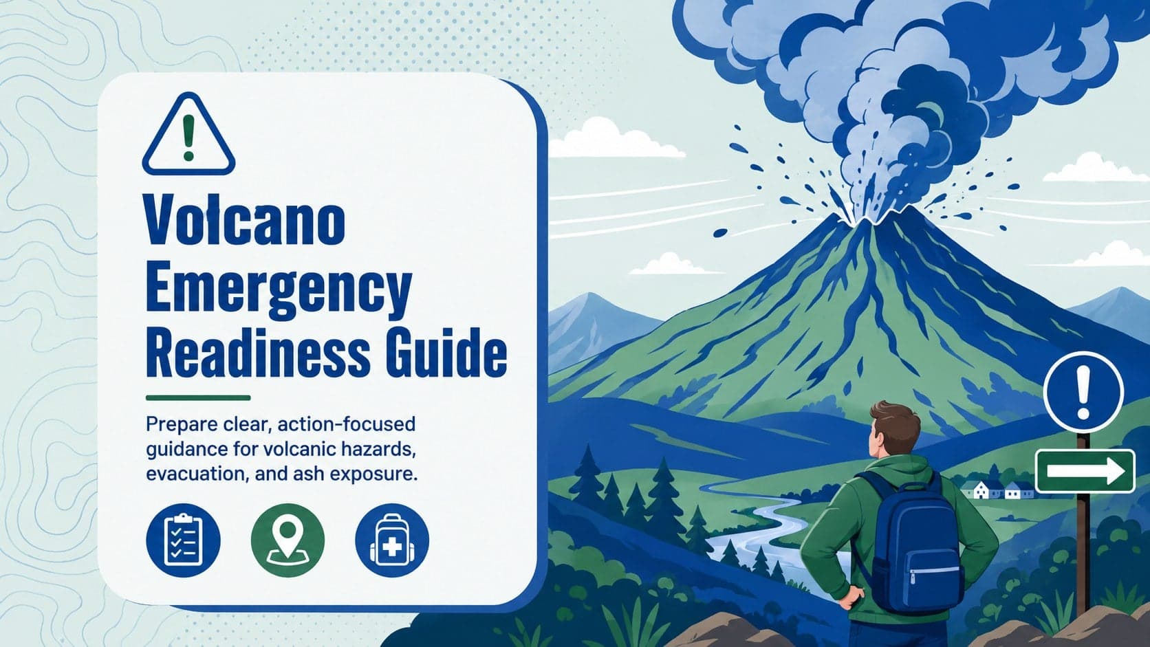 Cover of a Volcano Emergency Readiness Guide with a bold volcano illustration and blue-and-green safety graphics.