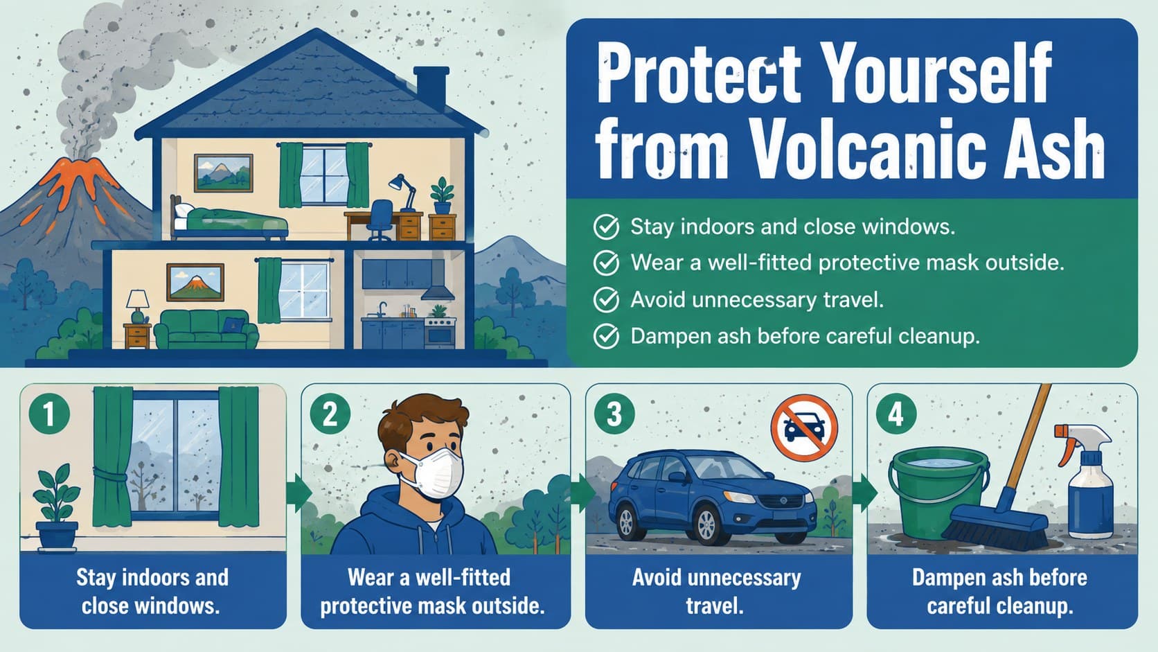 Volcanic ash safety classroom slide explaining indoor protection, mask use, travel precautions, and safe cleanup.