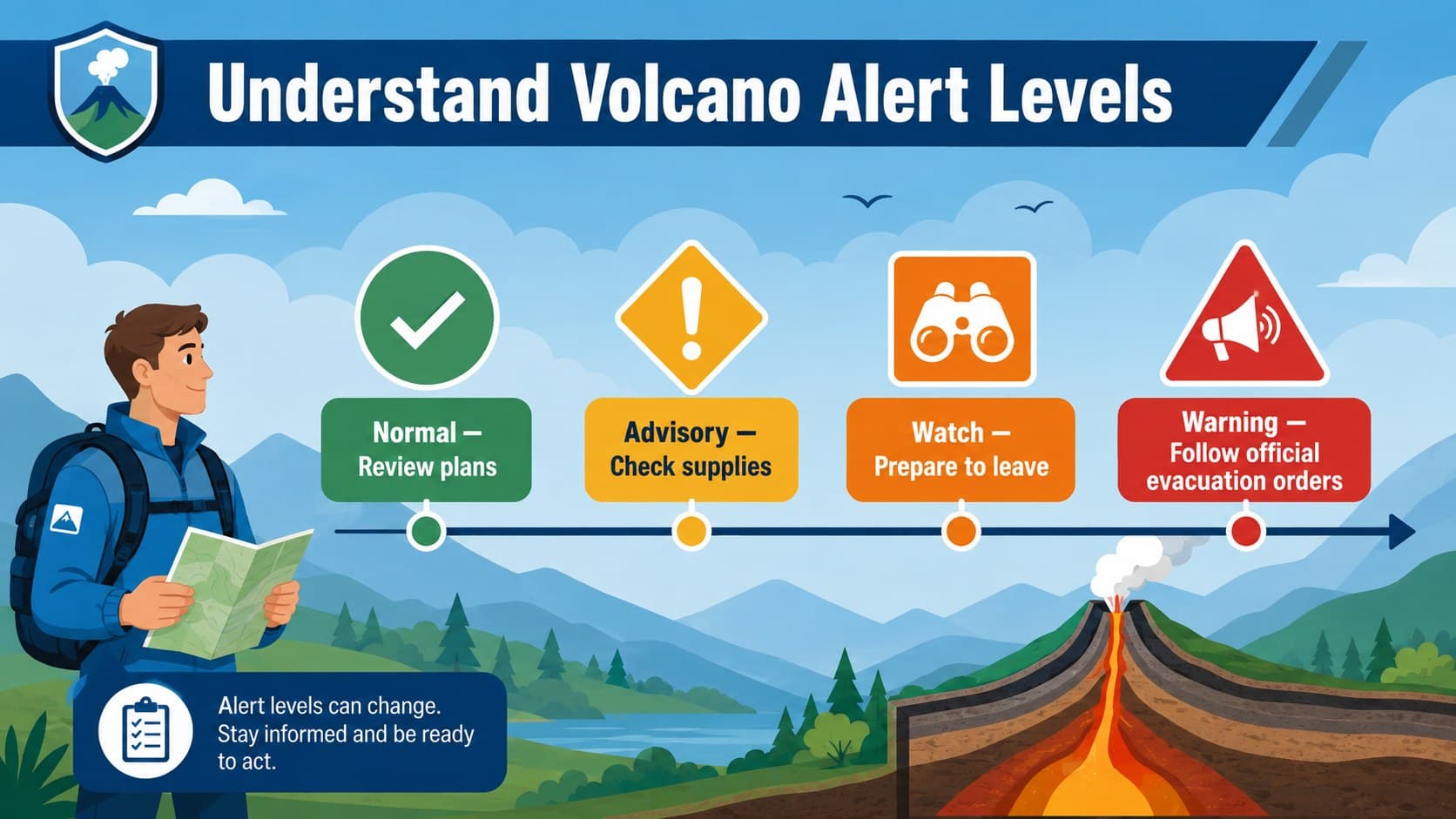 Volcano alert levels infographic with four color-coded stages and matching emergency actions.