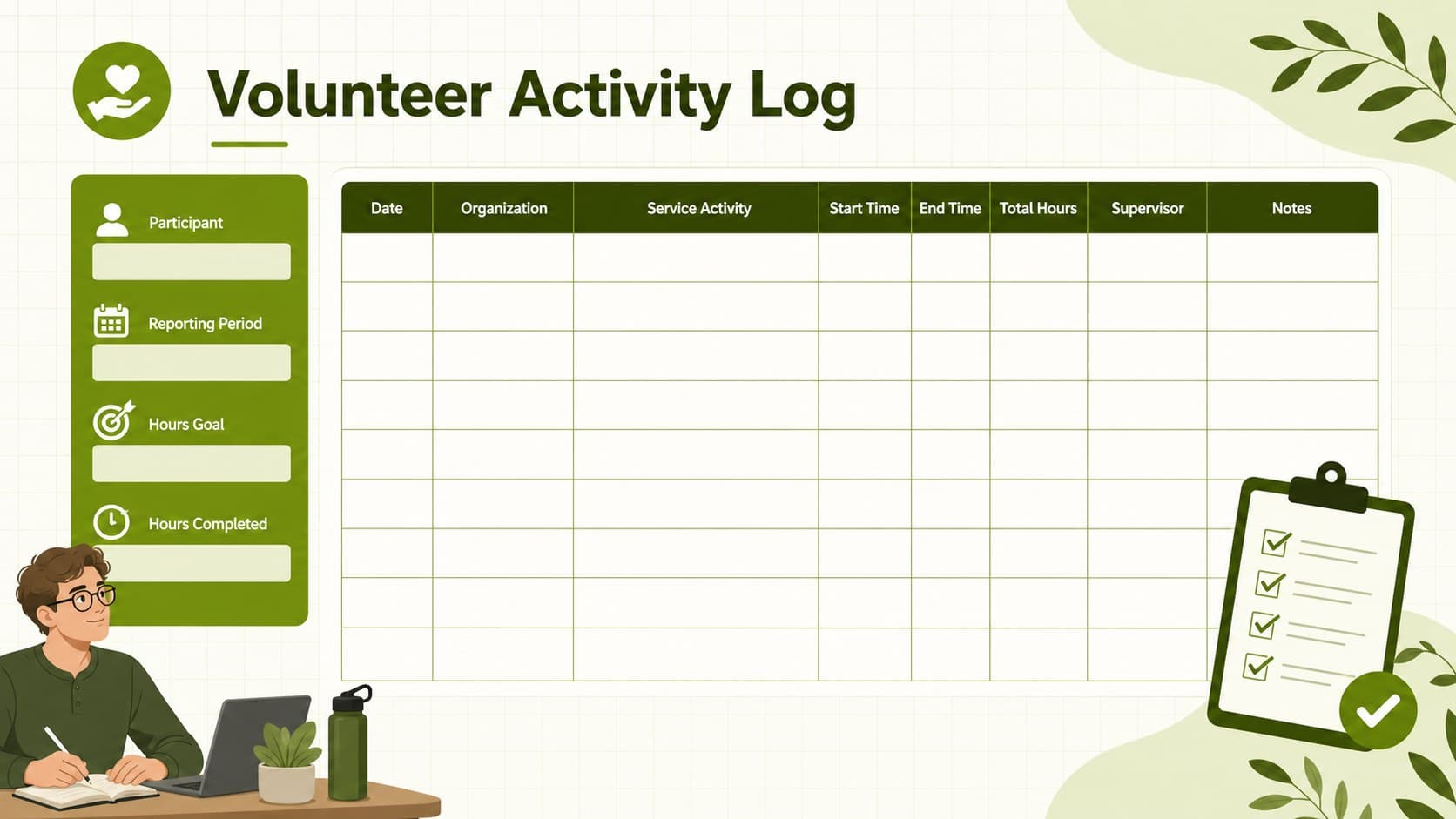 Volunteer activity tracking spreadsheet with dates, service details, hours, and supervisor approval fields.