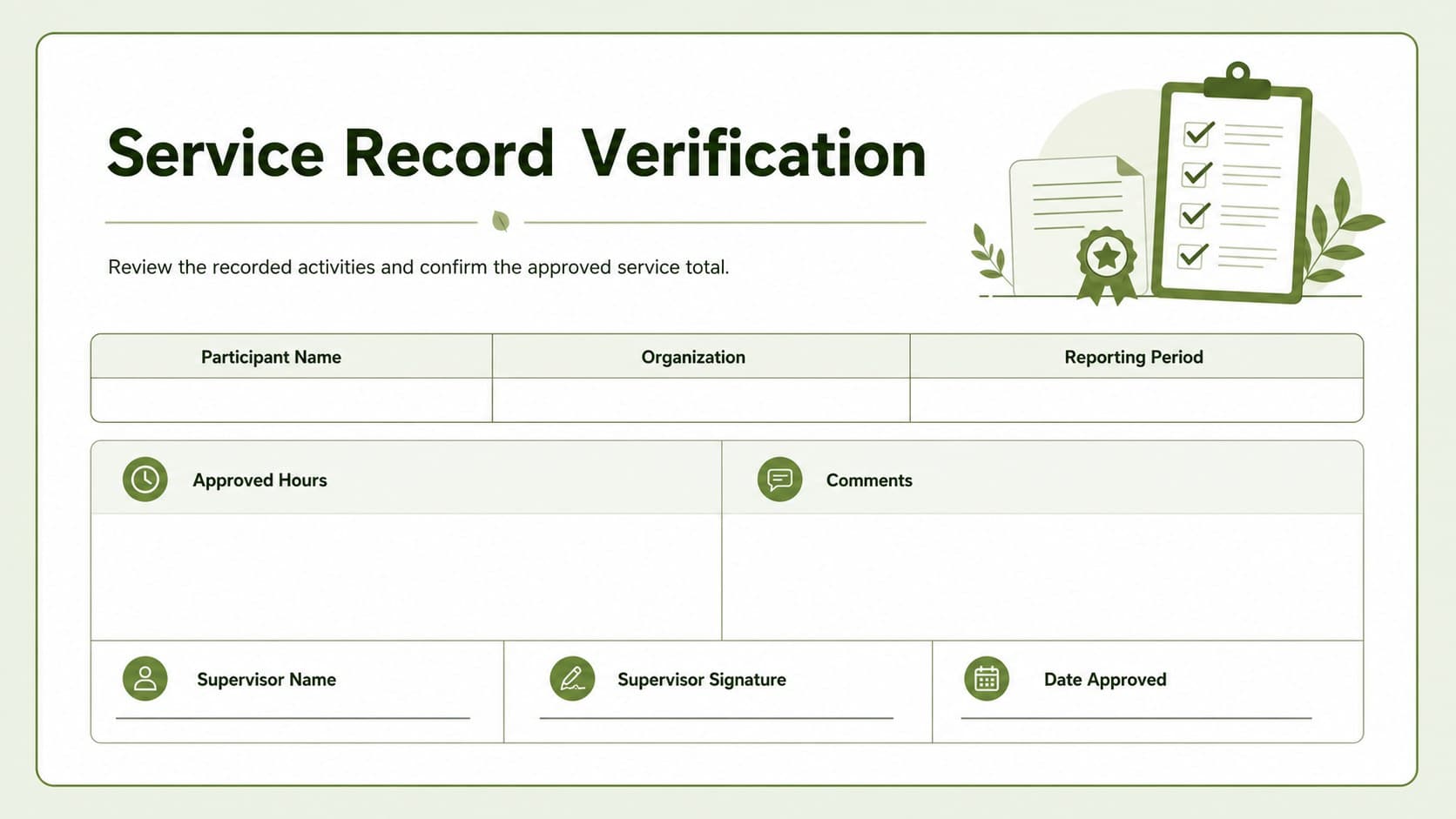 Printable volunteer service verification page with participant details, approved hours, and signature fields.