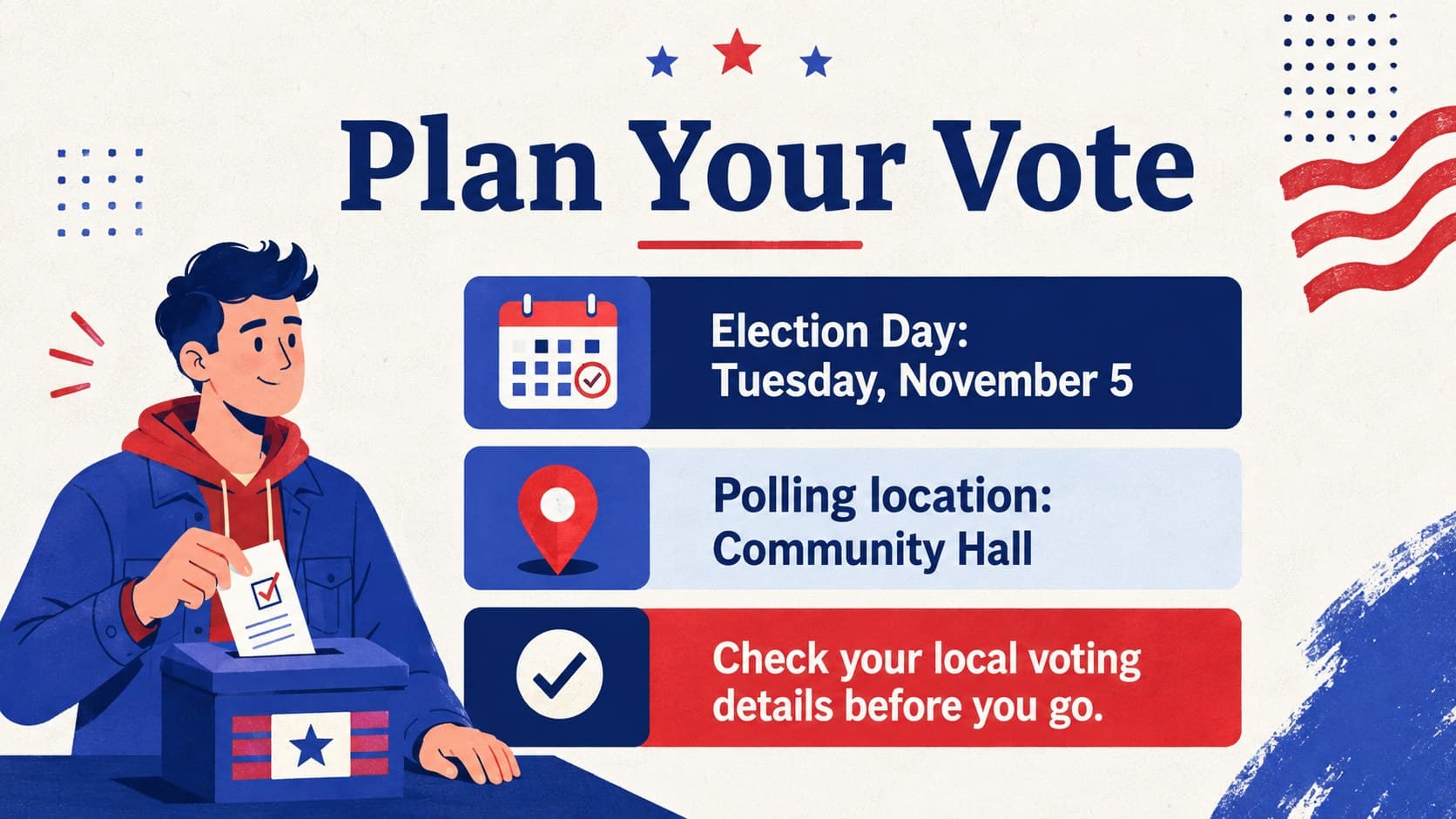 Editable civic announcement slide showing polling details, a voting reminder, and blue-red illustrated information panels.