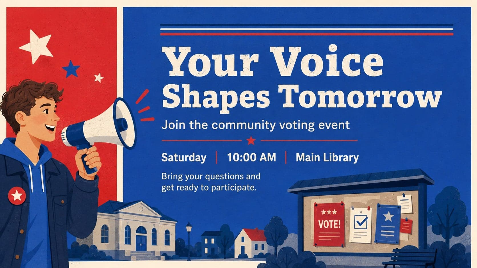 Blue and red community voting outreach slide with a concise call to action, event information, and editable campaign graphics.