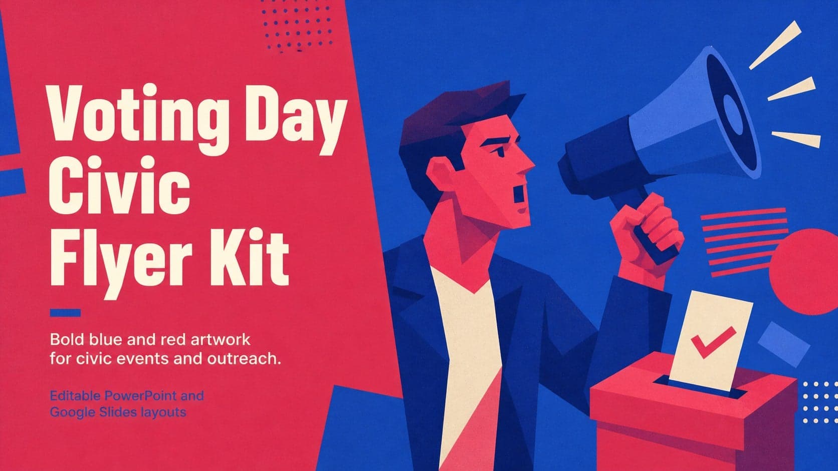 Cover slide for a voting day civic flyer kit with bold blue and red illustrated graphics and a clear public outreach headline.