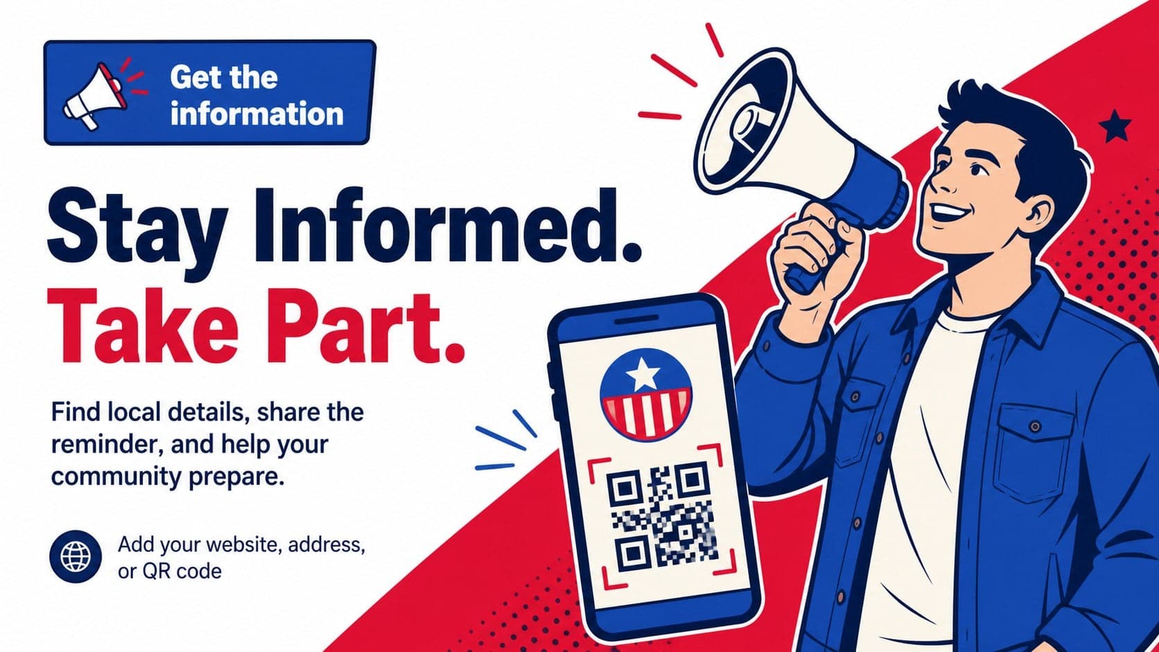 Voting day announcement slide with an editable call to action, contact details, and bold blue and red public information graphics.