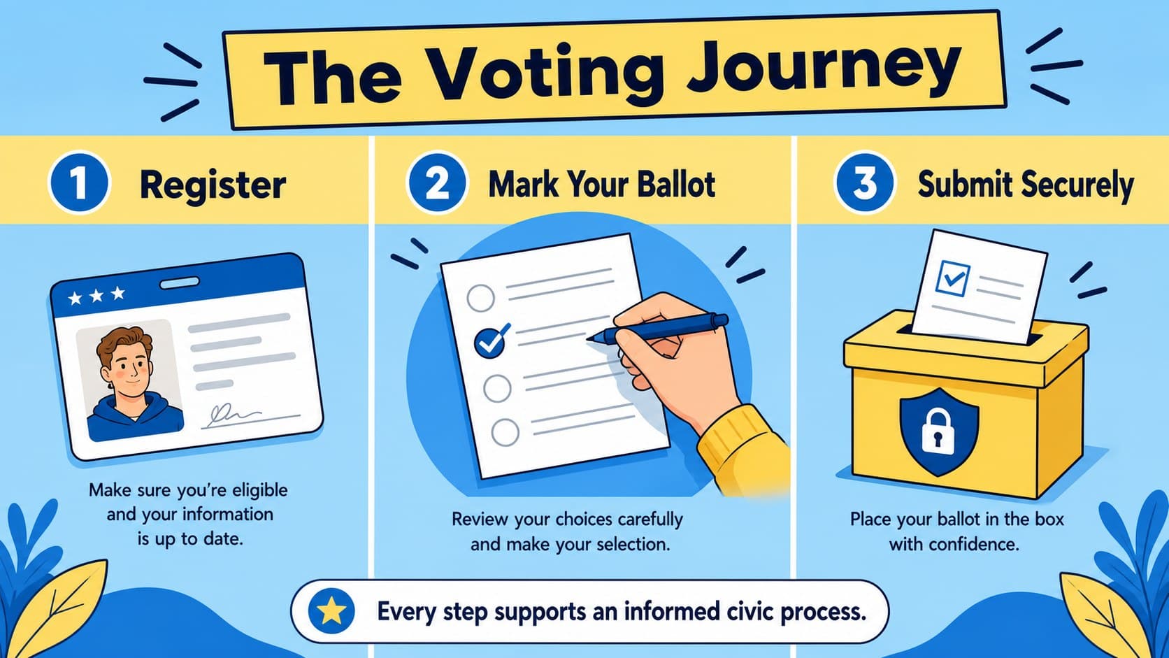 Illustrated voting journey slide showing registration, ballot marking, and submission in a blue and yellow civic infographic.