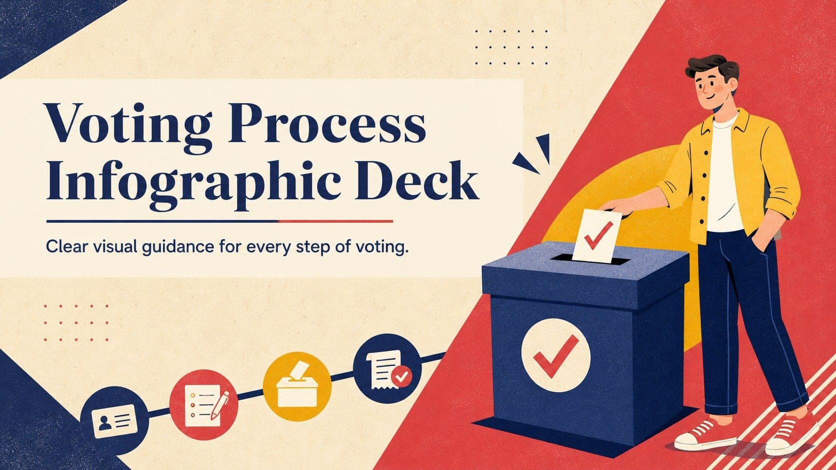 Cover slide presenting a bold geometric voting process infographic deck for civic education.