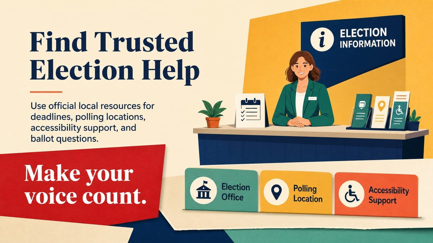 Closing civic education presentation slide summarizing how to find reliable election help.