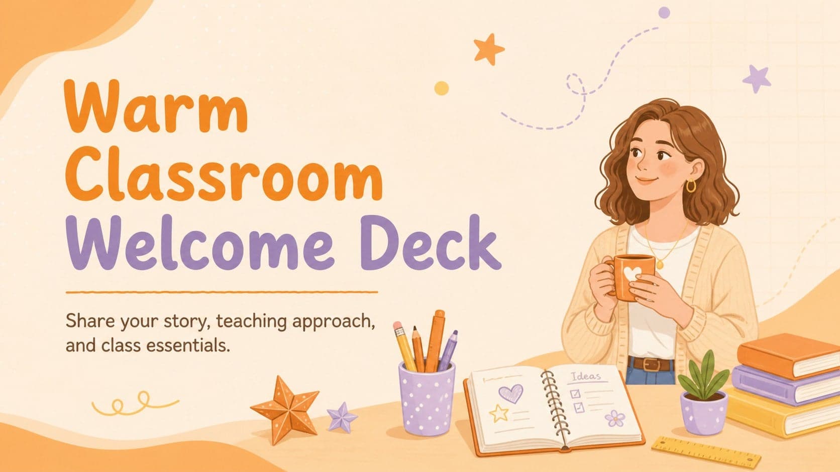 Warm Classroom Welcome Deck cover with cheerful pastel orange school illustrations and a friendly teacher introduction.