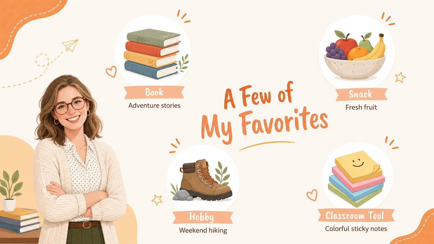 Teacher bio slide for students featuring four illustrated favorite-things categories in a pastel orange layout.