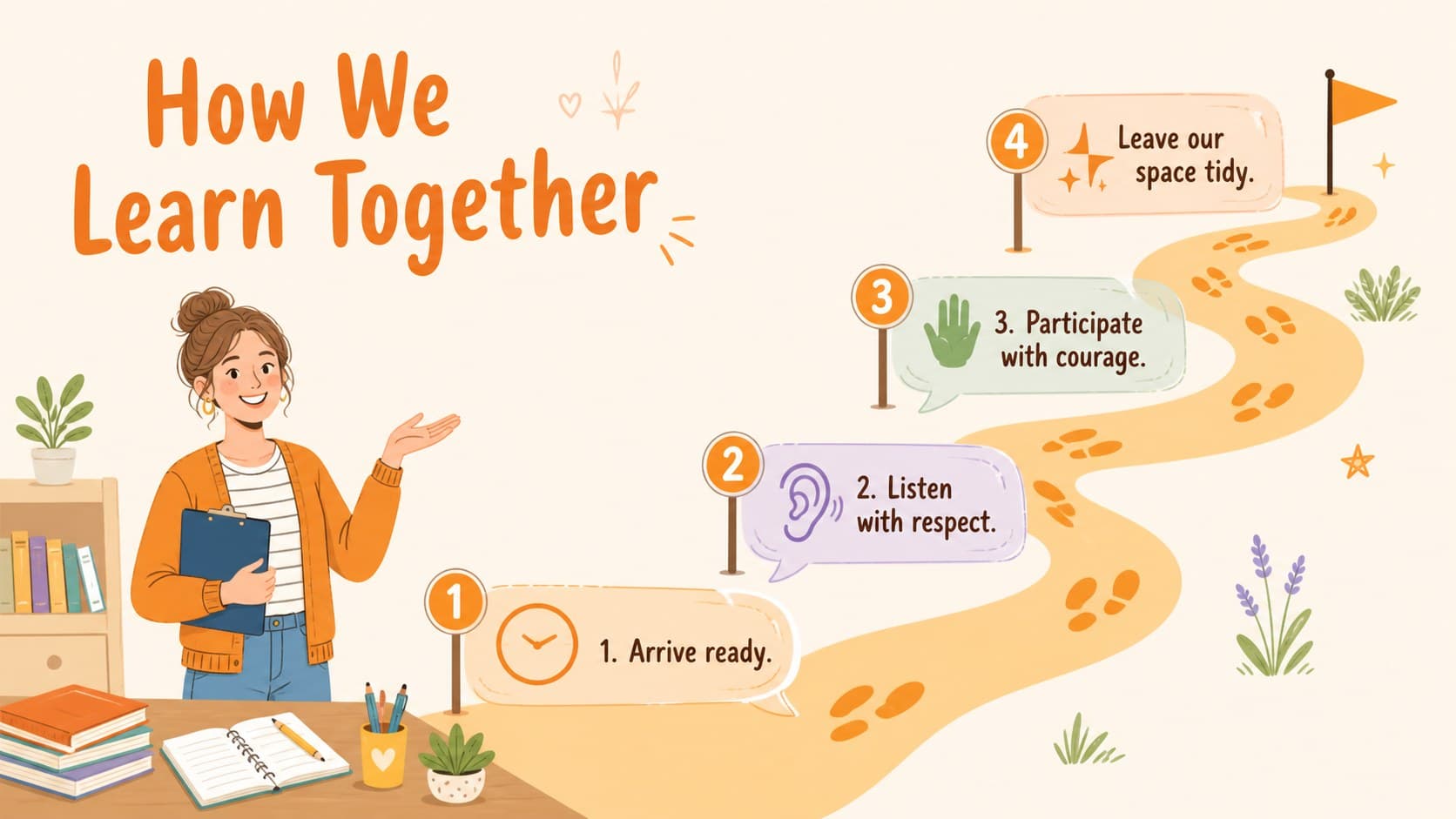Classroom expectations slide deck layout showing four positive routines with friendly school illustrations.