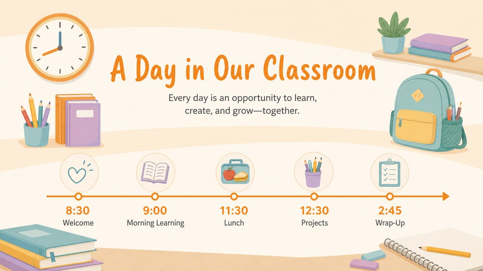 Back to school welcome presentation slide displaying a simple morning-to-afternoon classroom routine.