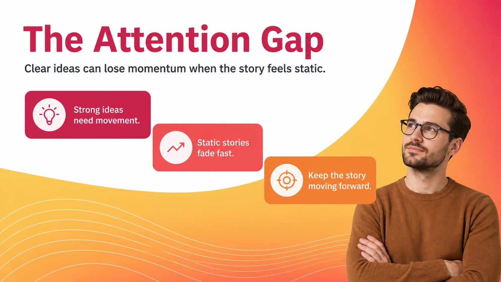 Problem statement slide for a creative agency pitch deck template with warm abstract graphics.