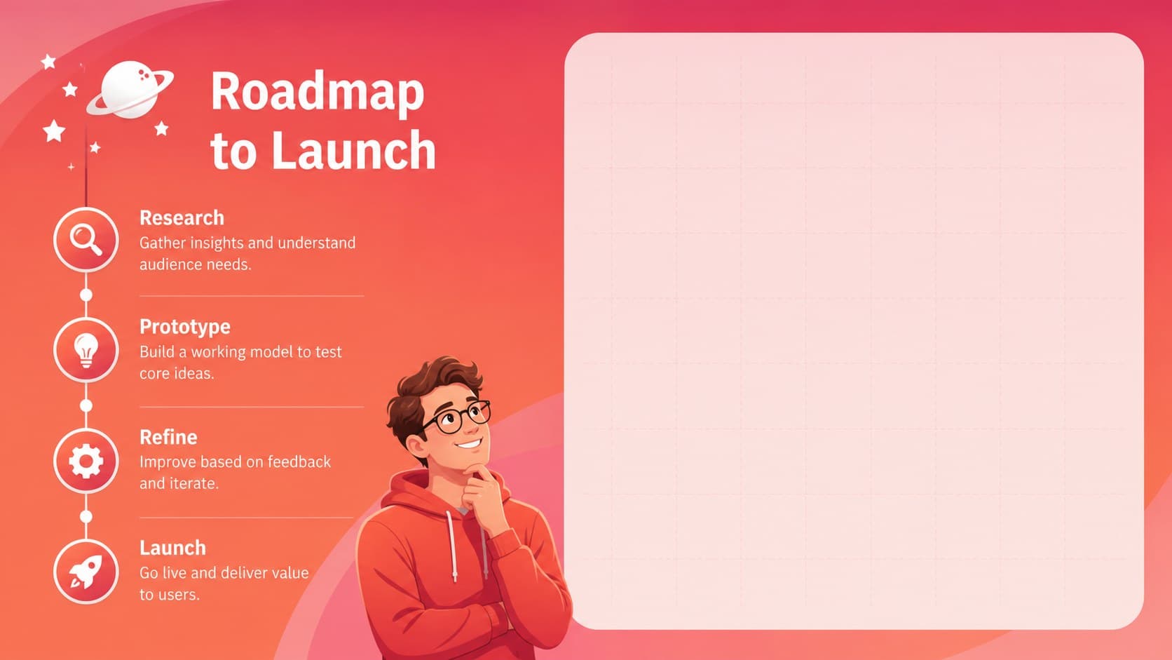 Timeline slide presenting a vibrant project roadmap with warm red milestones.