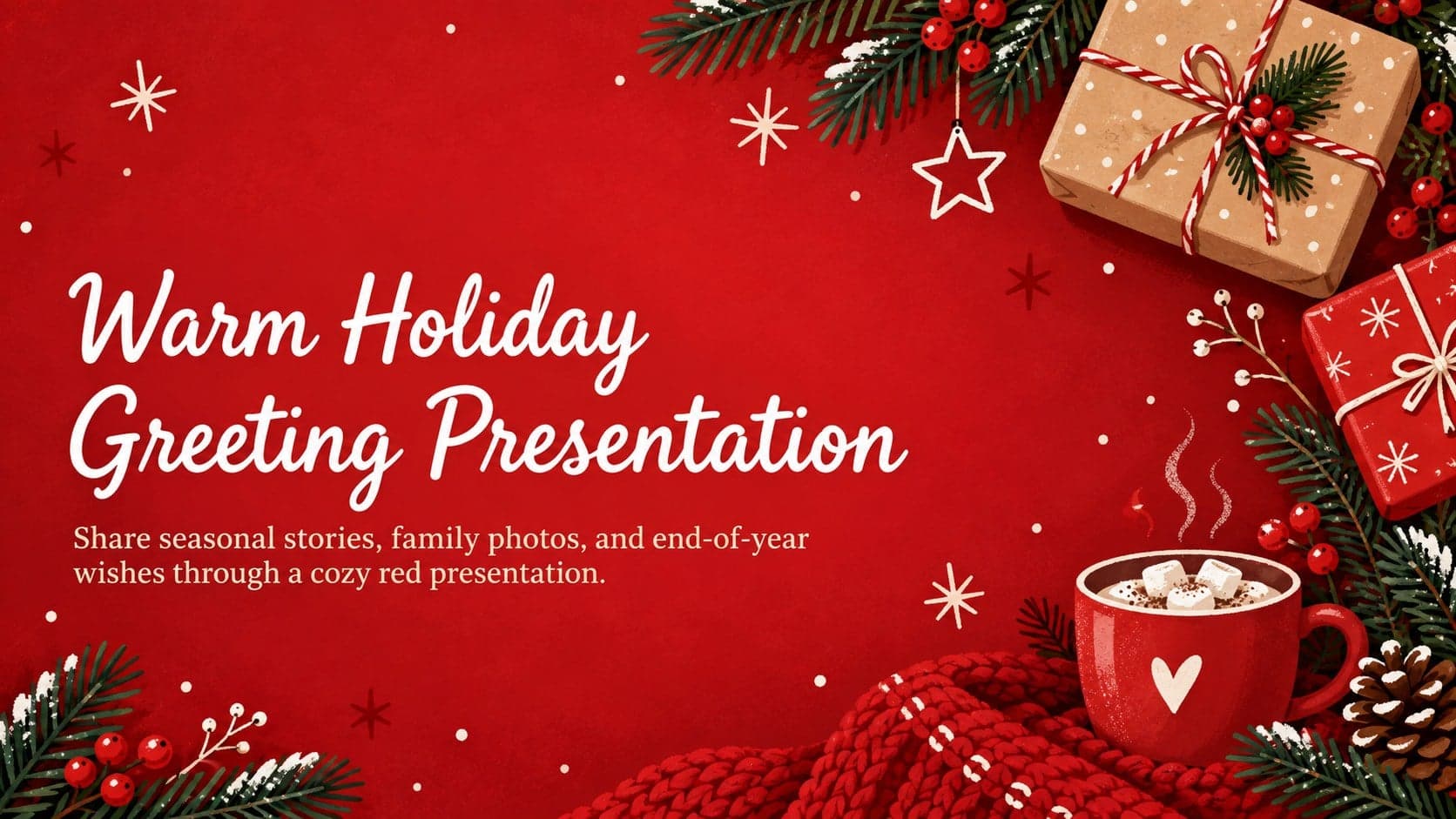 Cover of the Warm Holiday Greeting Presentation with festive red styling, hand-drawn greenery, and an inviting seasonal headline.
