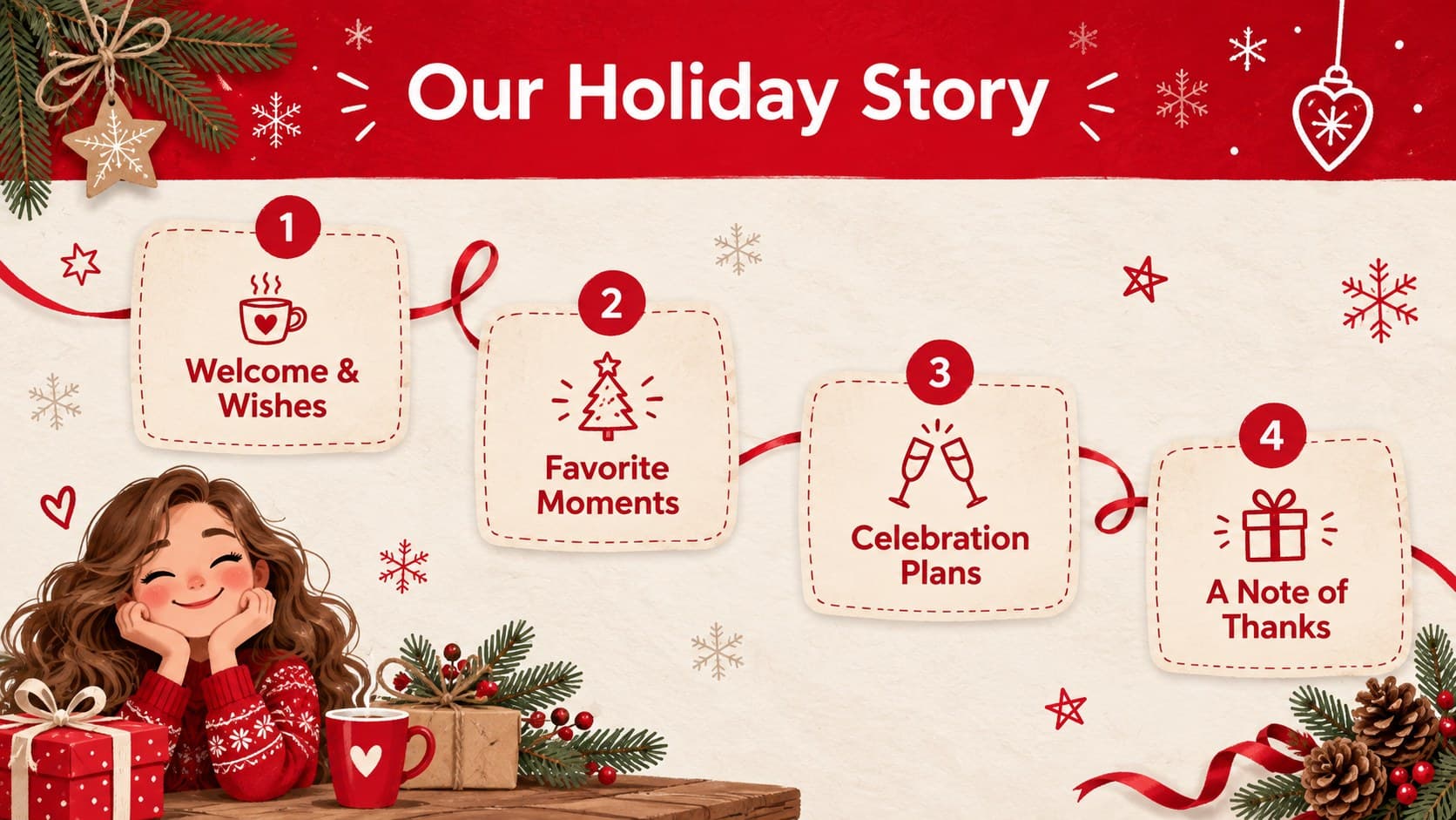 Festive agenda layout from a warm seasonal greeting slide deck with four holiday presentation topics.