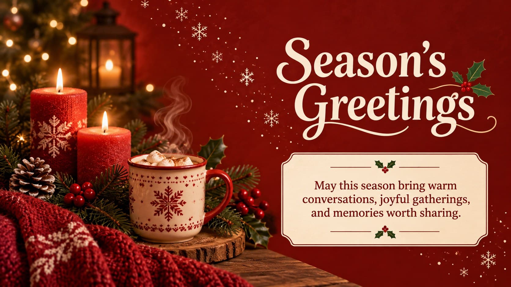 Holiday welcome slide with a heartfelt seasonal message in a red hand-drawn festive presentation theme.