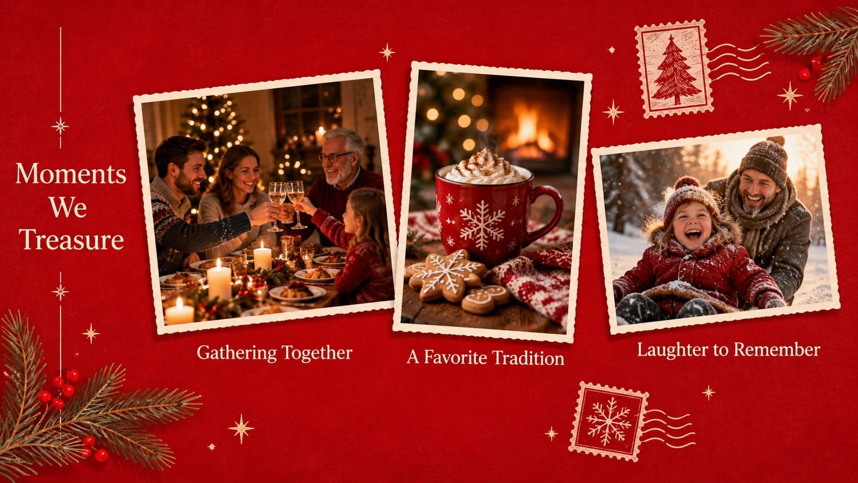 Family Christmas photo slideshow template page featuring three framed memories and short captions.