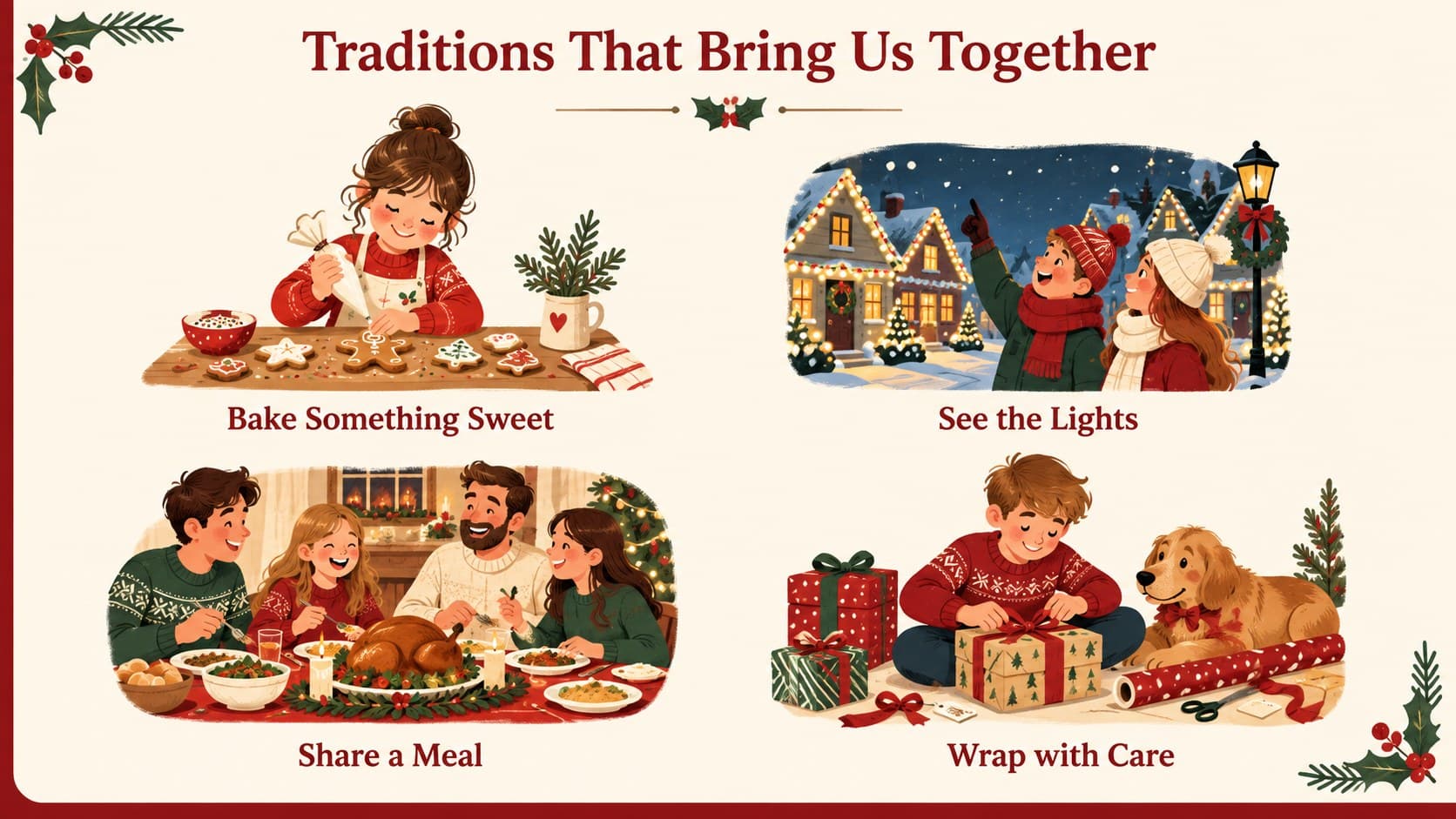 Christmas traditions presentation slide listing four seasonal activities with cozy red illustrations.