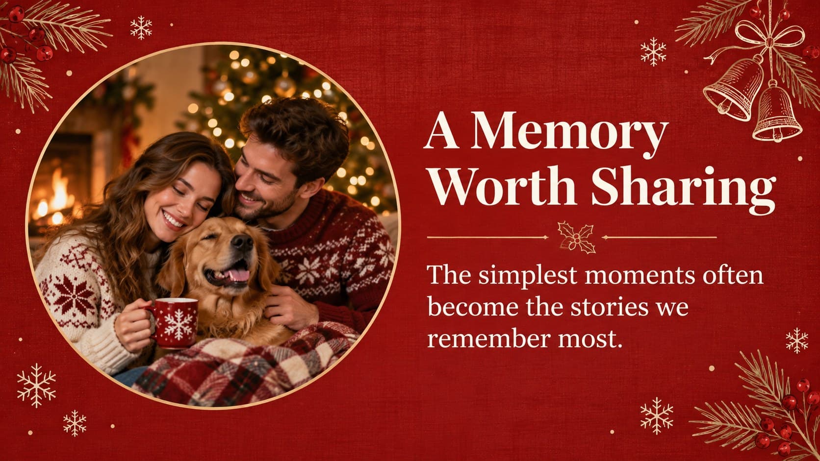 Warm holiday greeting presentation layout with a large seasonal photograph and a personal message.