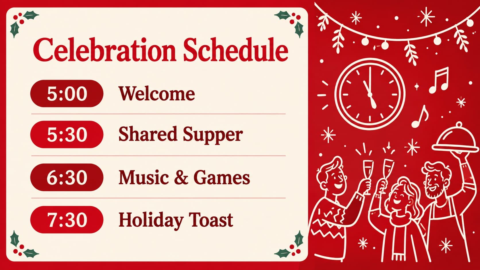 Festive event schedule slide with an illustrated Christmas agenda in red and cream.