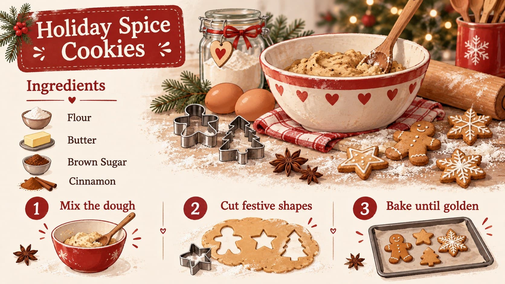 Seasonal recipe presentation page with ingredients, simple steps, and hand-drawn holiday baking details.