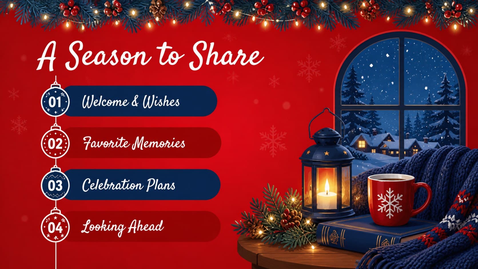 Christmas event agenda slide with a red and blue timeline for a holiday greetings presentation deck.