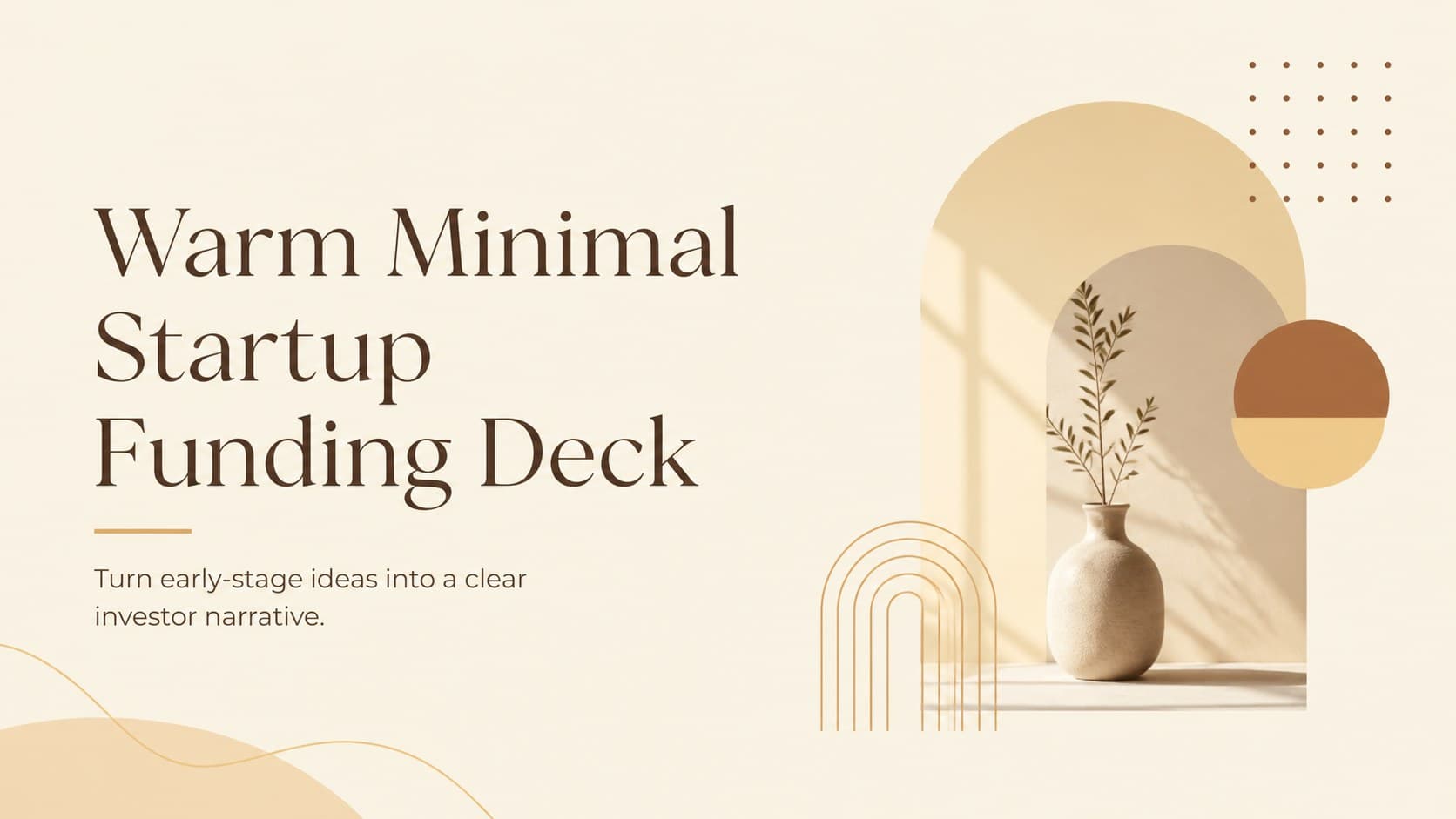 Cover for a warm minimal startup funding deck with yellow and brown geometric accents.