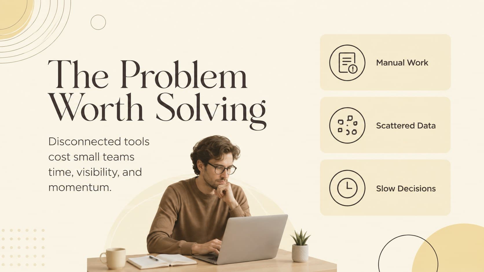 Yellow and brown problem statement layout for a simple startup fundraising deck.