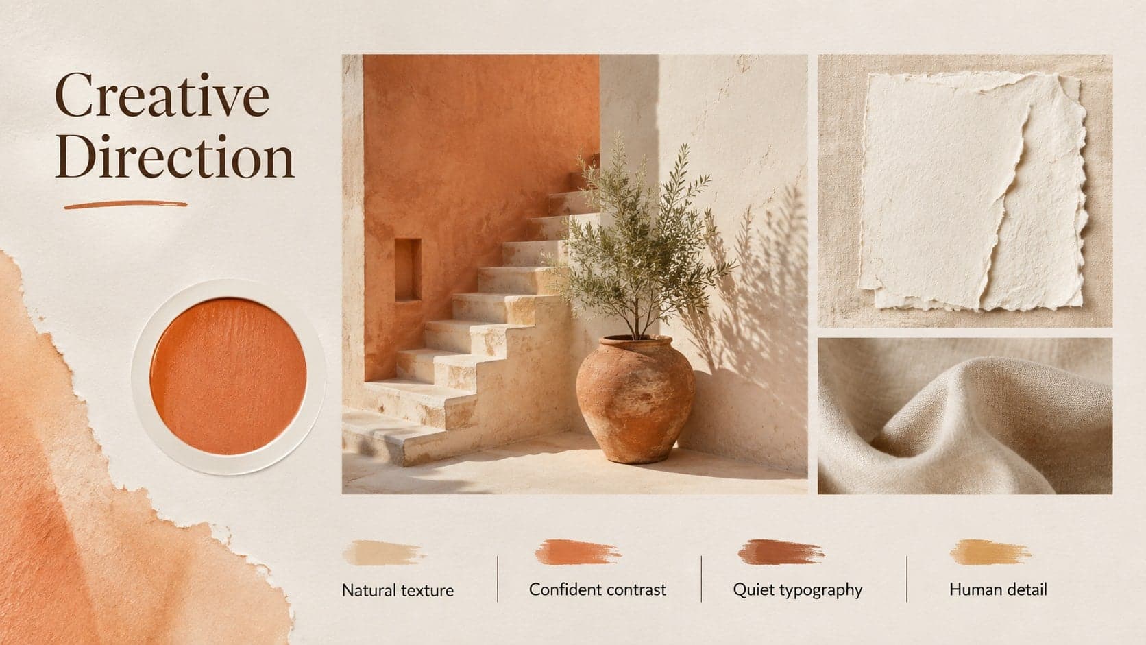 Modern mood board presentation slide with warm neutral material samples and creative direction notes.