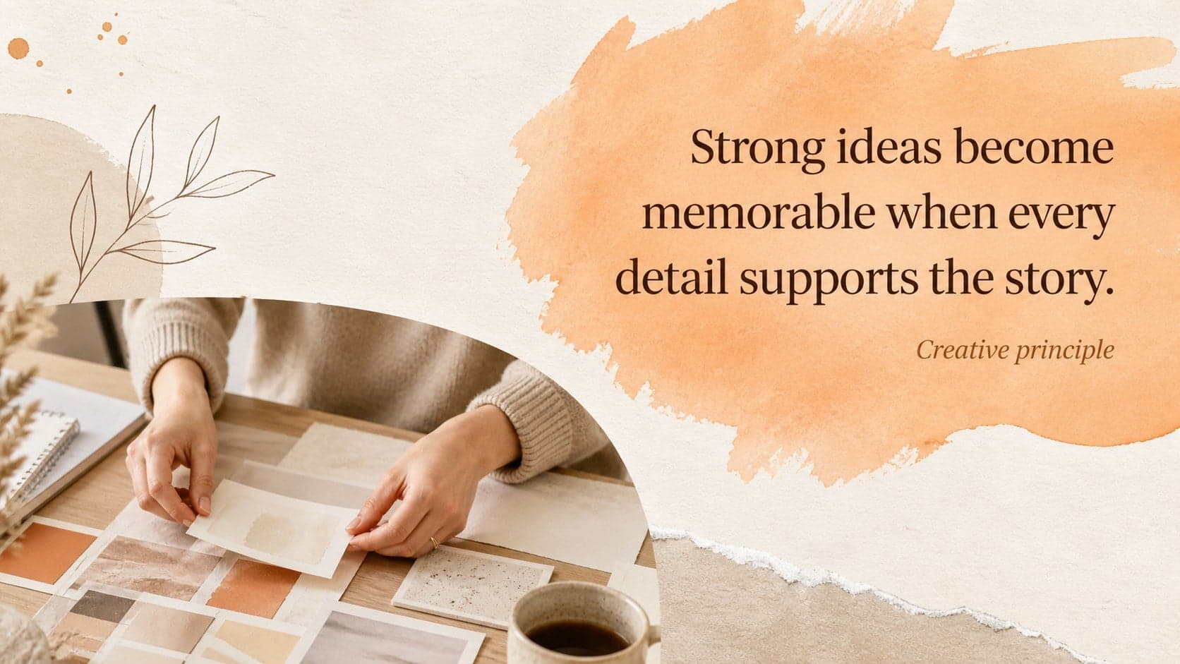 Artistic quote slide featuring a creative process statement in orange and beige tones.