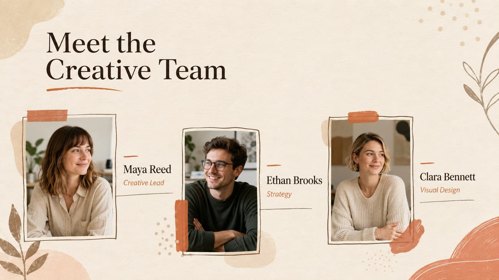 Artistic team introduction slide with three original professional portraits and concise role descriptions.