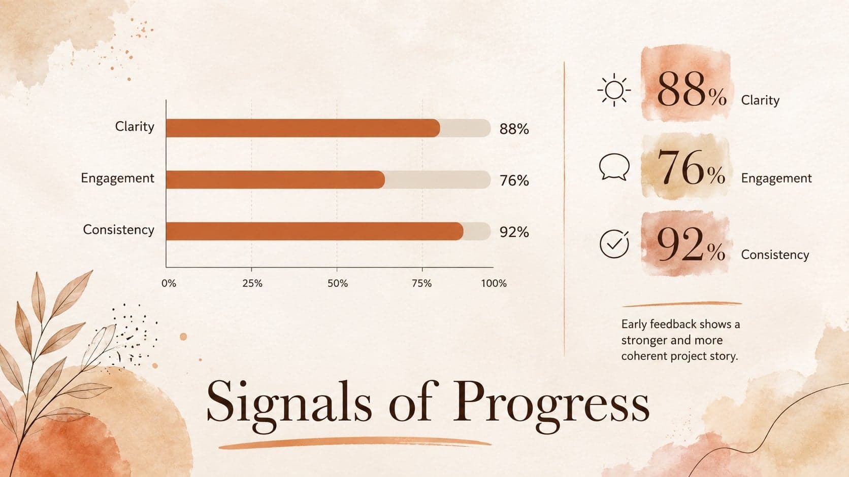 Orange and brown project showcase slide with a bar chart and three highlighted performance metrics.