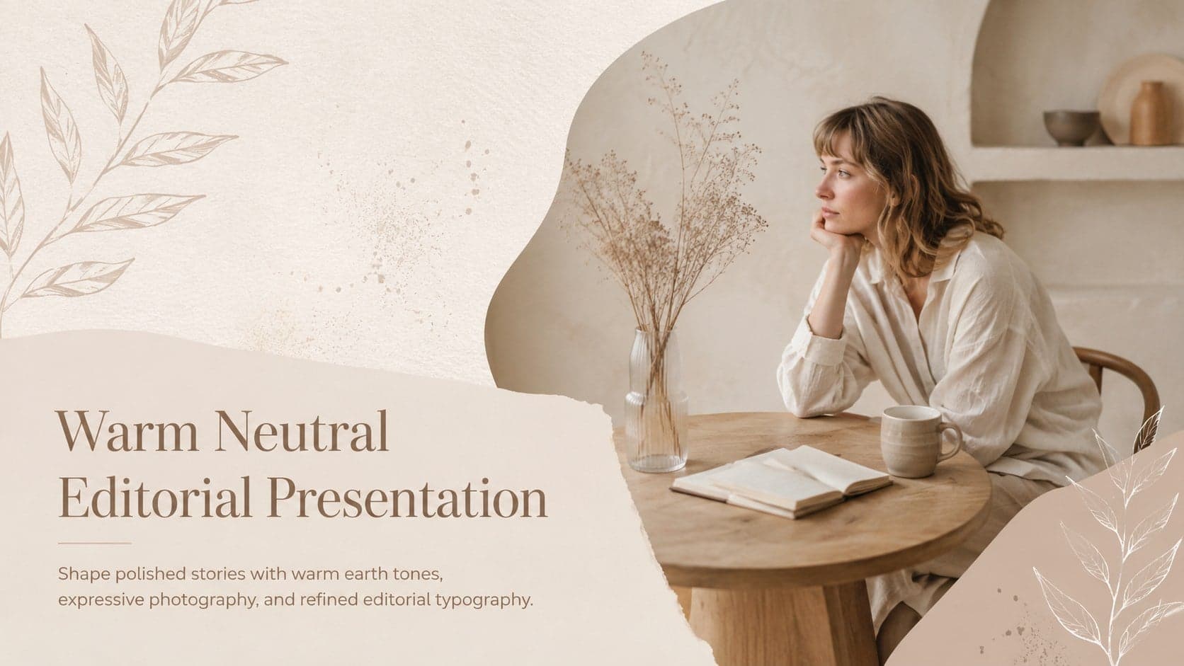 Cover of a warm neutral editorial presentation with refined serif lettering and an earth-toned lifestyle photograph.