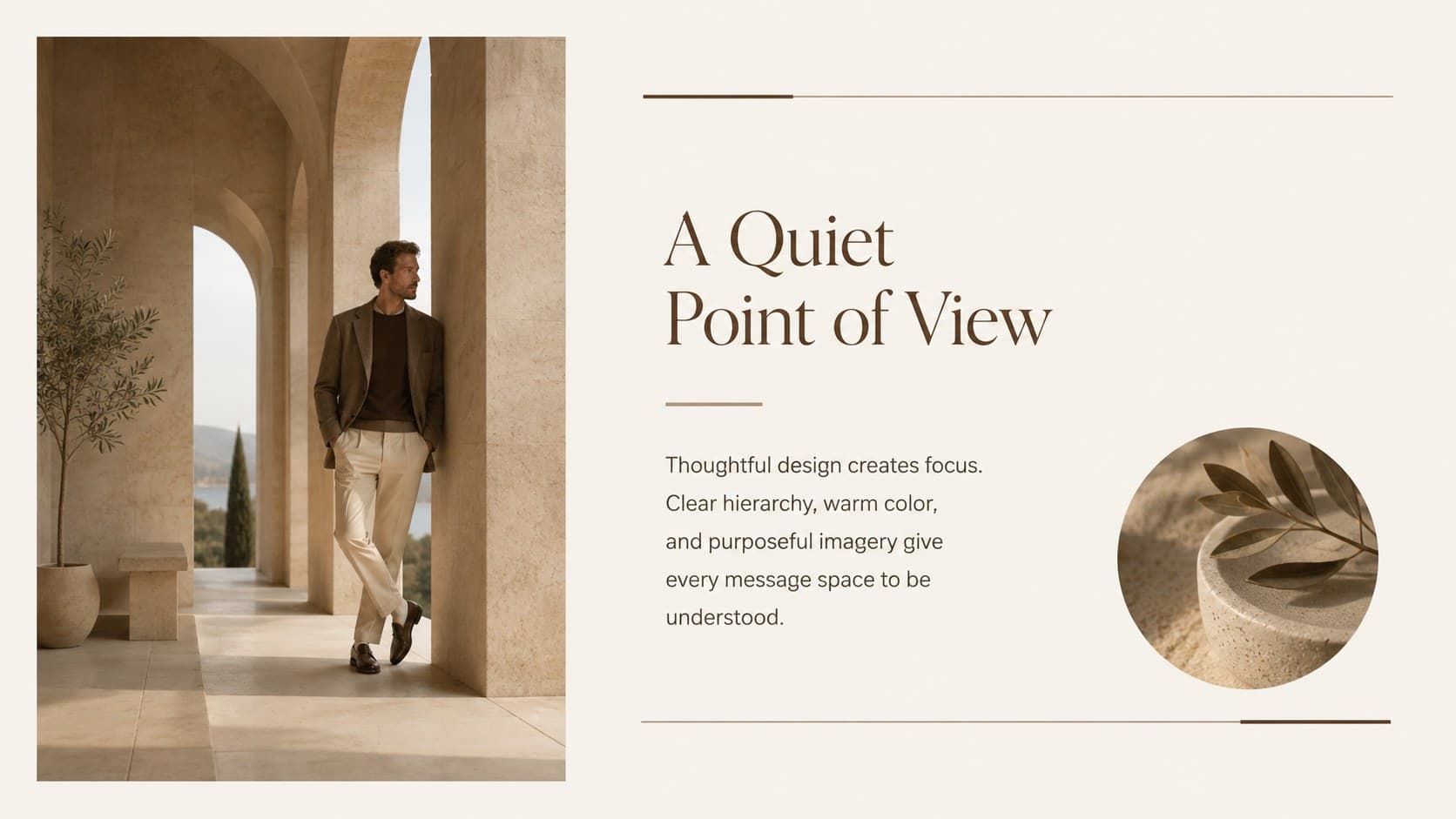 Minimal editorial PowerPoint theme slide introducing a calm and intentional creative point of view.