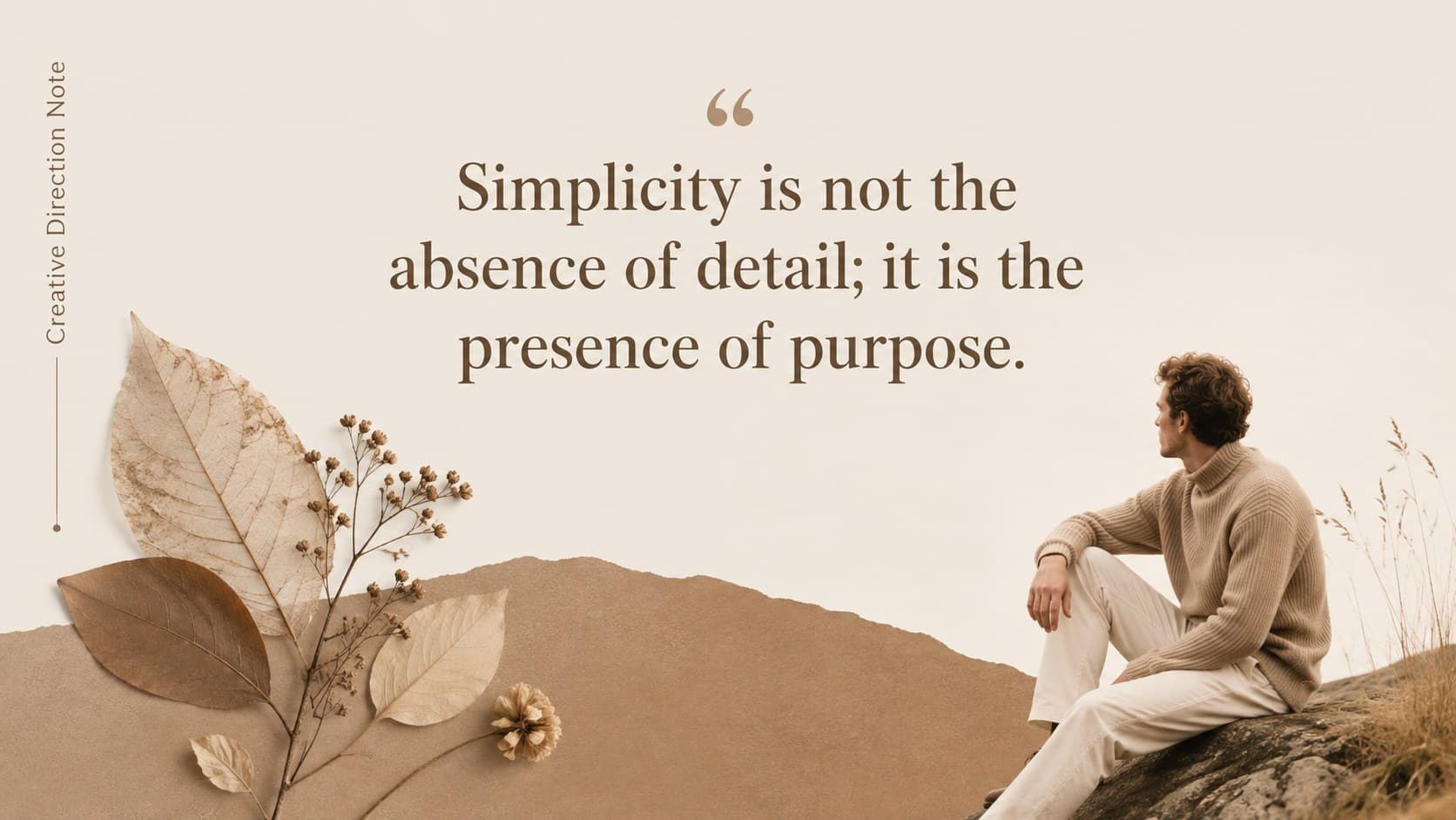 Warm neutral editorial presentation slide with a large quotation and understated botanical accents.