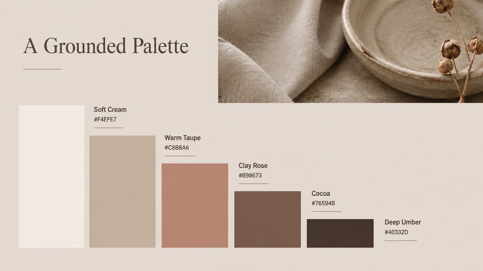 Earth tone Google Slides deck page displaying a balanced palette of cream, taupe, cocoa, and clay.