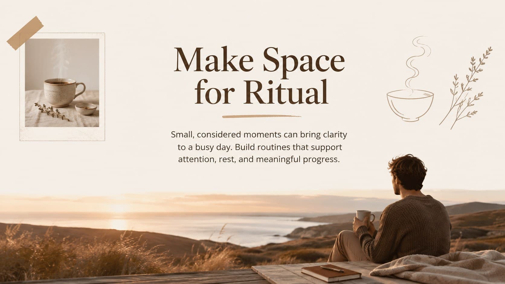 Calm wellness presentation design slide showing an image-led story about mindful daily rituals.