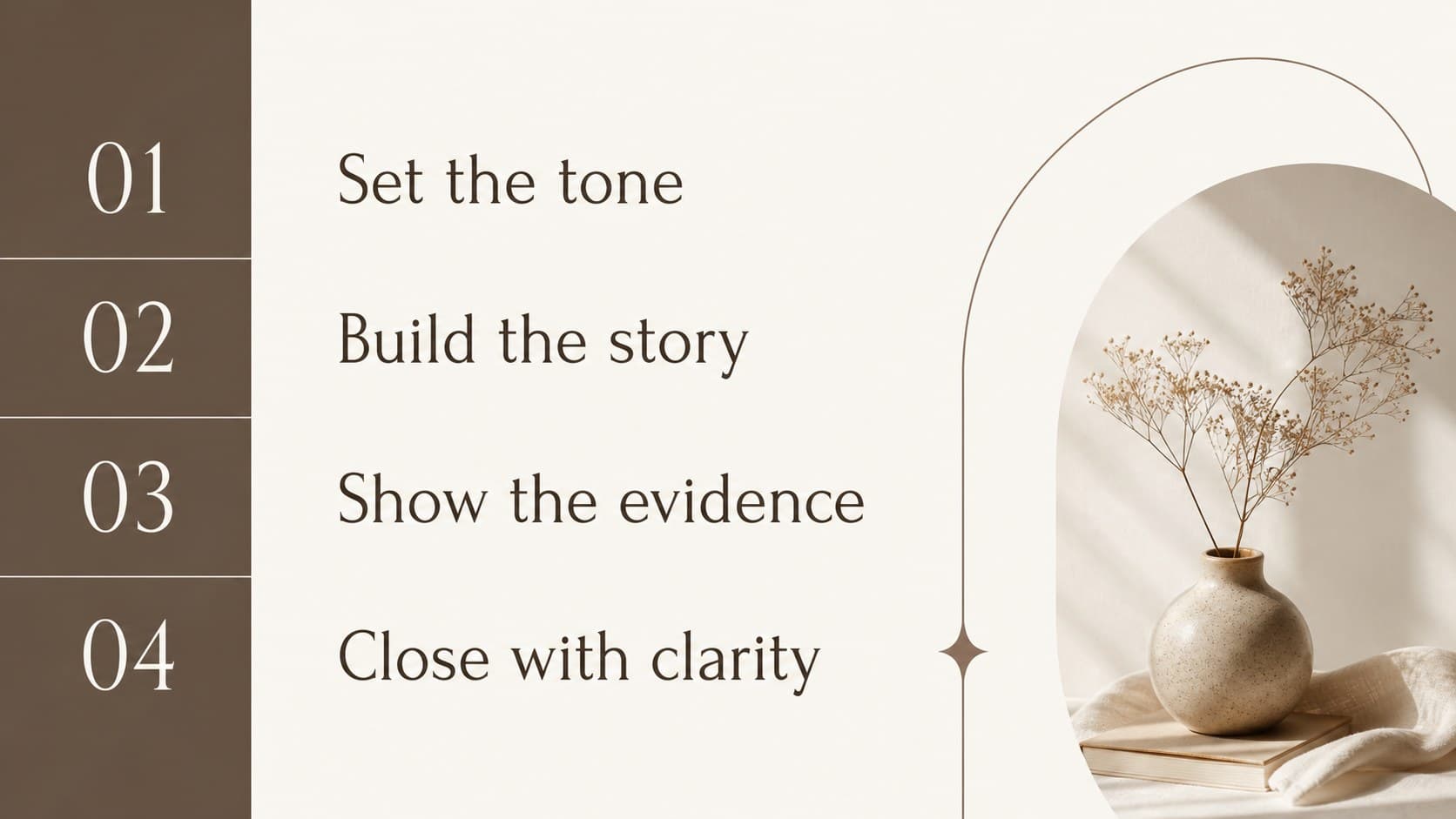 Agenda slide outlining the sections of a neutral presentation theme with warm beige panels and brown headings.