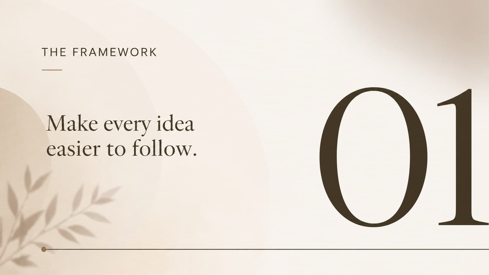 Section divider for a warm beige pitch deck with a large brown chapter number and spacious minimalist typography.
