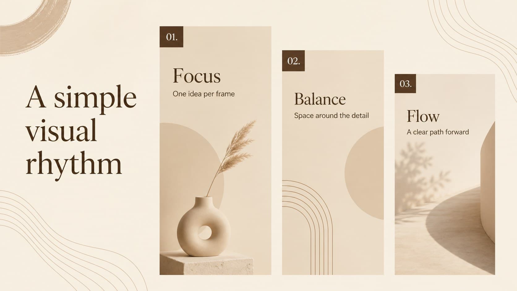 Three-column content slide showing the structure of an elegant neutral presentation with brown labels and beige content areas.