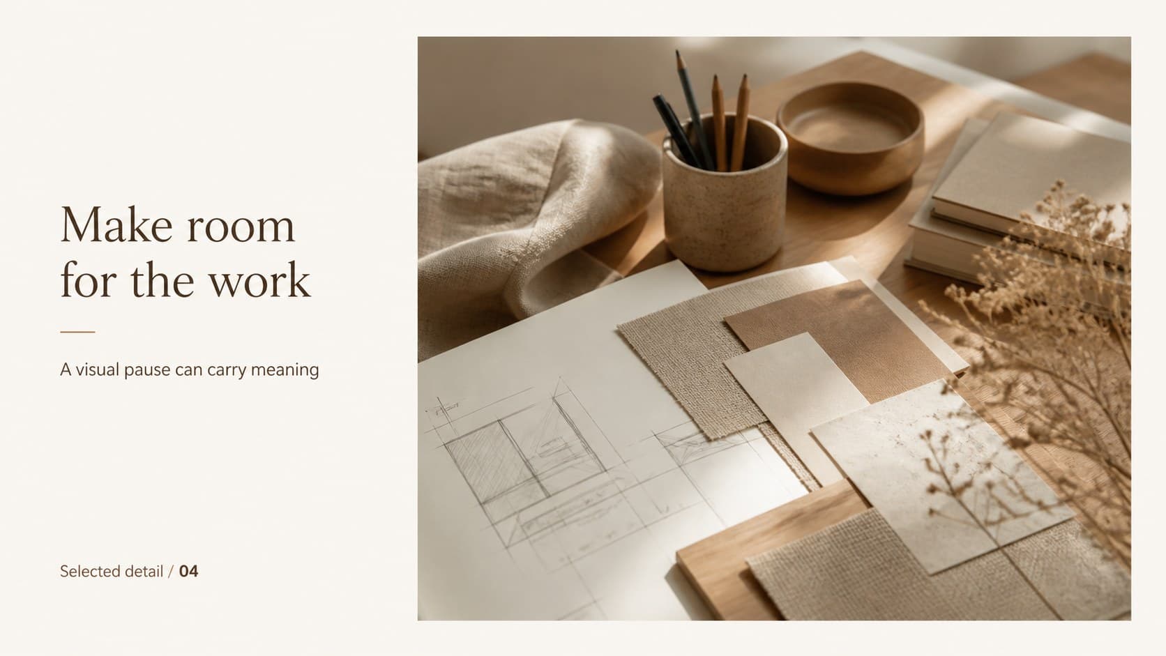 Image-led portfolio slide with a beige background, brown captioning, and an elegant neutral presentation layout.