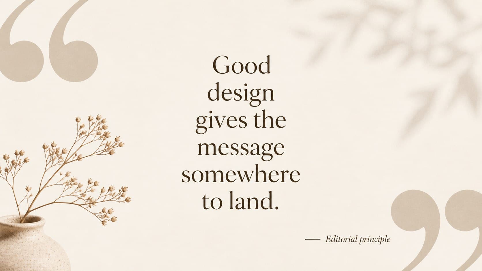 Quote slide featuring a large editorial statement in brown type on a warm beige presentation background.